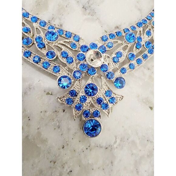 Vintage 80's/90's Necklace Blue Crystal‎ Rhinestone Art Glass *2 Stones MISSING* - Picture 4 of 10